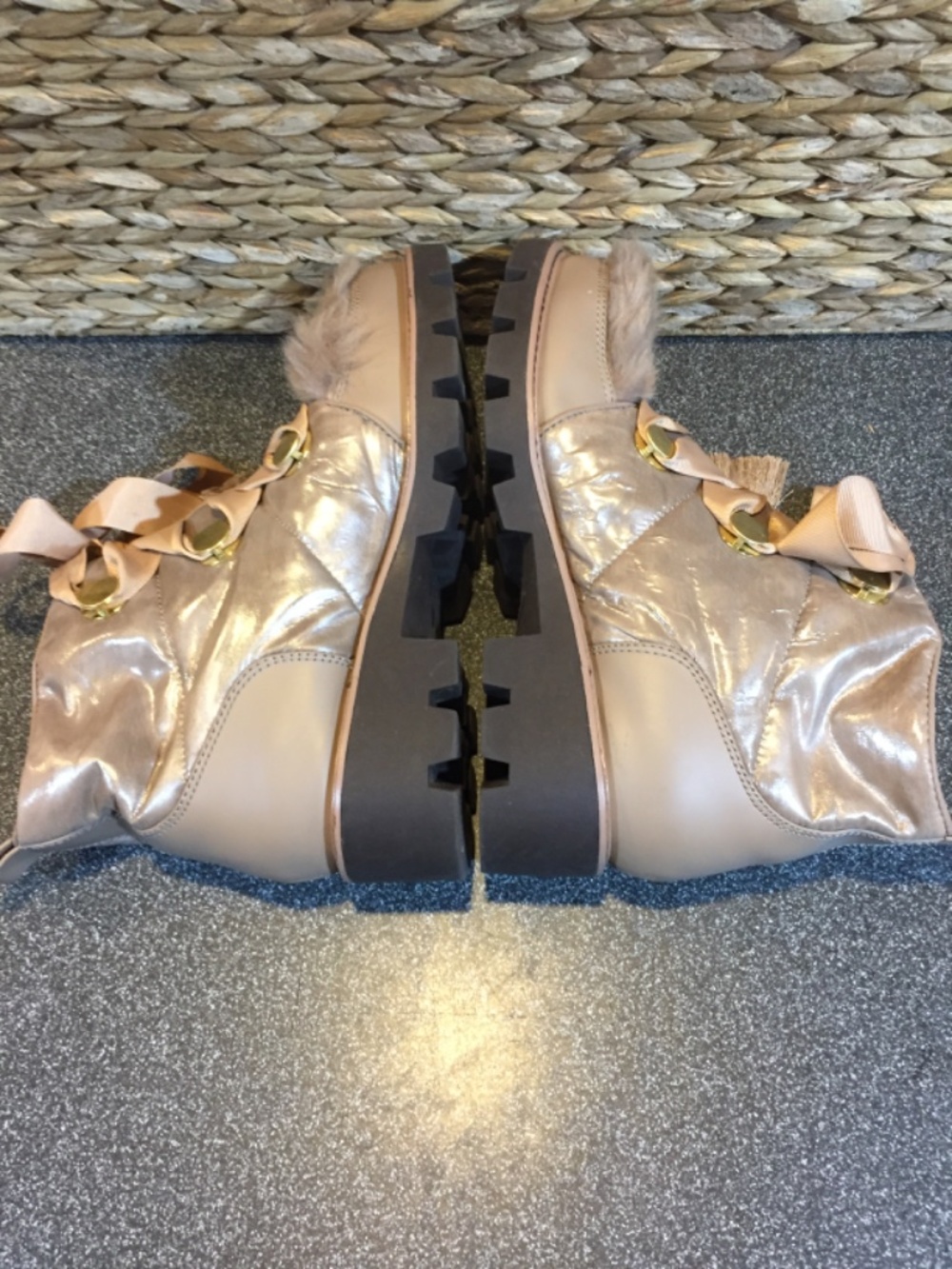Kelsi Dagger Taupe Faux Fur Ribbon Ankle Booties - Picture 11 of 14